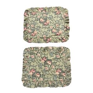 EUC Vtg Pr Ralph Lauren Maura Green Pink Roses Standard Ruffled 2 Pillow Shams